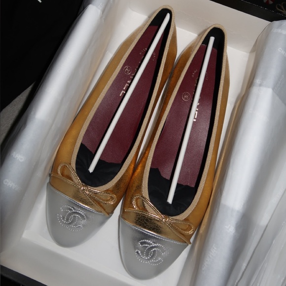 CHANEL Shoes - Chanel 26X Holiday Flats Gold & Silver | Size 36.5